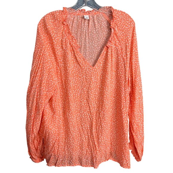 Ruffle trim Old Navy Womens V-Neck Blouse L Pastel Orange Floral Print - Picture 1 of 5